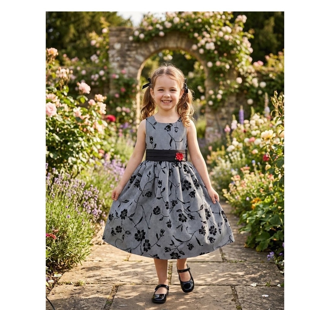 Marmellata Girls Gingham Velvet Floral Party Dress Black White Red Flower Size 6
